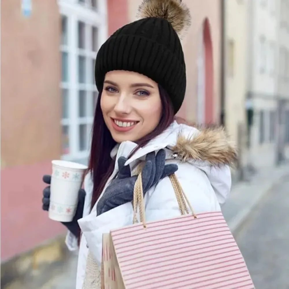 Women Fleece Beanie Hat Knit Plain Solid Winter Warm Hat with Faux Fur Pom